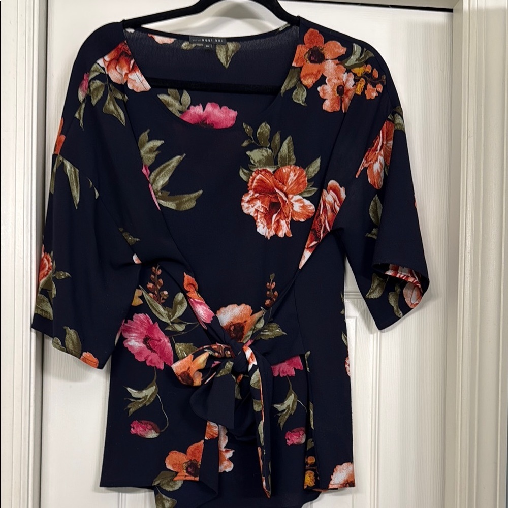 West Kei | Floral Navy Wrap Top | Size XL